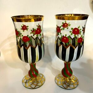 COPY - SEZ - 6 Mackenzie-Childs Tall Hand-Painted Goblets - Stripes & Roses